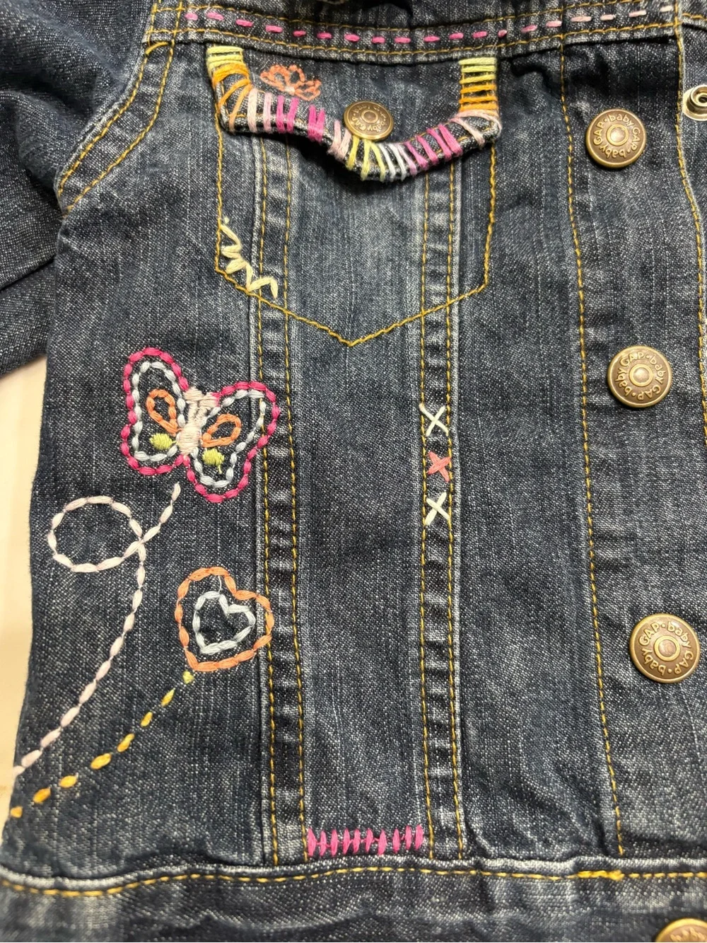 GAP Dark Blue Denim Jacket with Multicolor Embroidery, 18-24 months. EUC